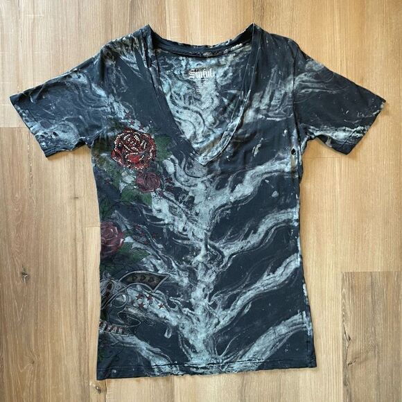 Sinful Affliction Women’s Medium Distressed Blue Rose Short Sleeve Shirt Top - Picture 1 of 8